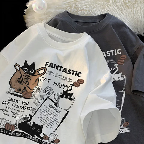 T-shirt Pullover Oversized Koreaanse Stijl met Cartoon Kat