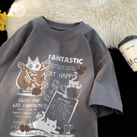T-shirt Pullover Oversized Koreaanse Stijl met Cartoon Kat
