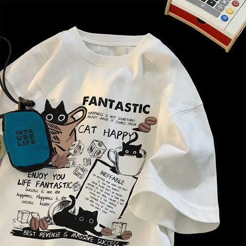 T-shirt Pullover Oversized Koreaanse Stijl met Cartoon Kat