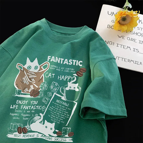 T-shirt Pullover Oversized Koreaanse Stijl met Cartoon Kat