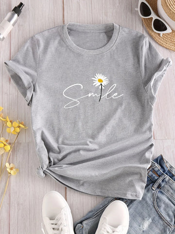 T-shirt met Bloemen- en Letterprint, Ronde Hals en Korte Mouwen – Casual