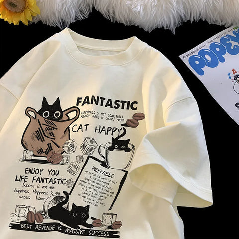 T-shirt Pullover Oversized Koreaanse Stijl met Cartoon Kat