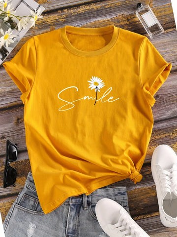 T-shirt met Bloemen- en Letterprint, Ronde Hals en Korte Mouwen – Casual