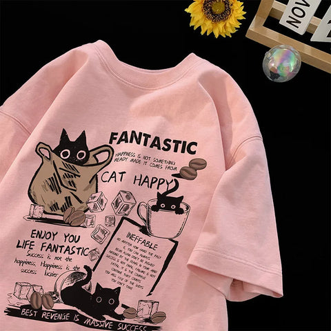 T-shirt Pullover Oversized Koreaanse Stijl met Cartoon Kat